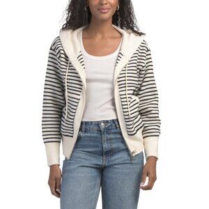 COCOBLEU Black/White Hooded Zip Front Striped Sweater With Pockets